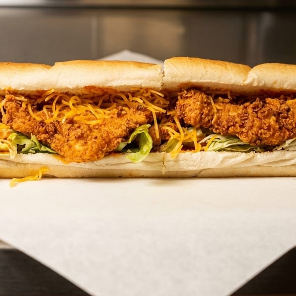 A long fried chicken po'boy sandwich with lettuce, shredded cheese, and sauce on parchment paper.