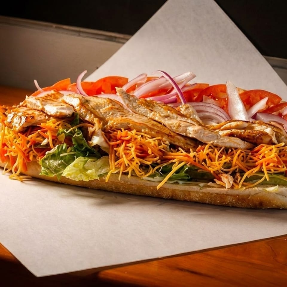 A grilled chicken sub sandwich with lettuce, shredded carrots, tomatoes, and red onions.