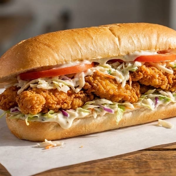 Crispy fried chicken sandwich with coleslaw, tomatoes, and sauce on a long bun.
