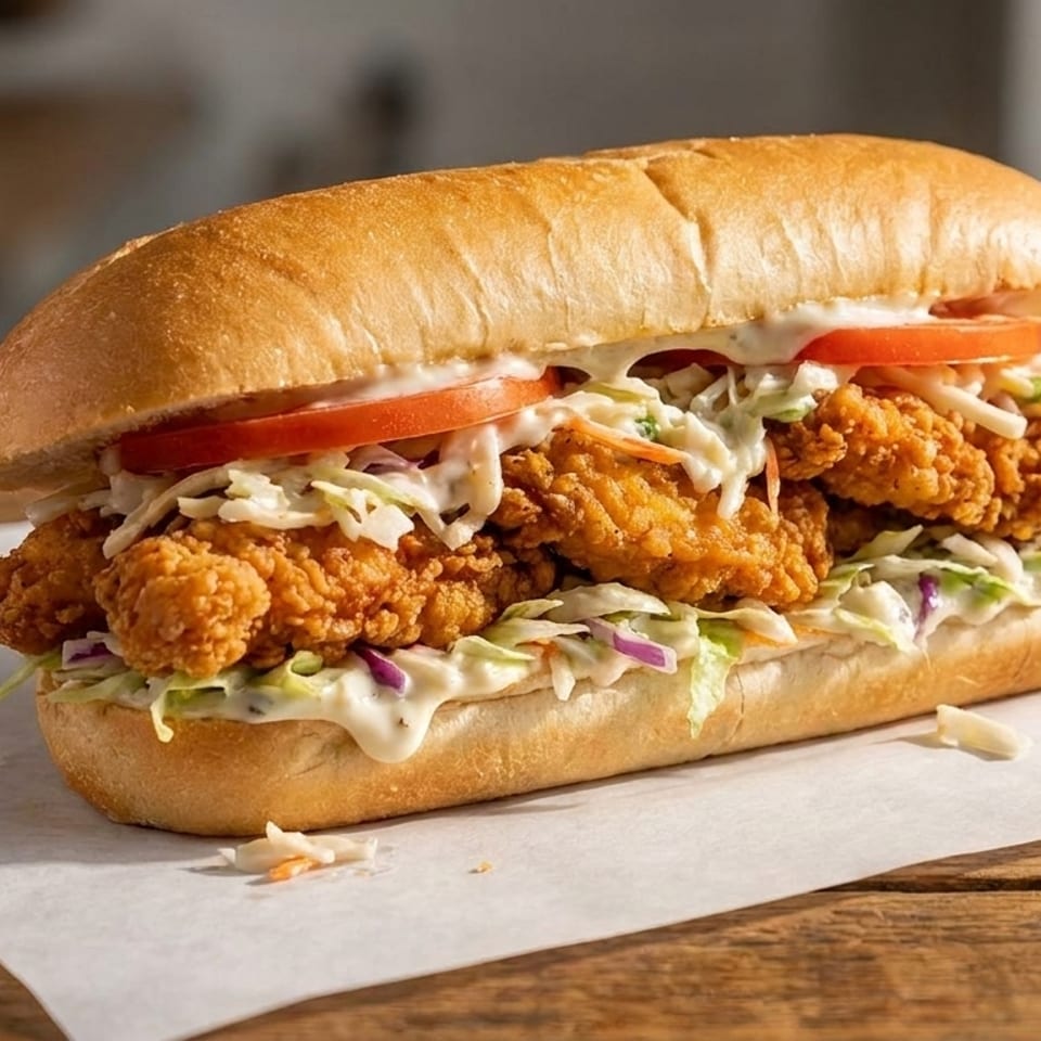 Crispy fried chicken sandwich with coleslaw, tomatoes, and sauce on a long bun.