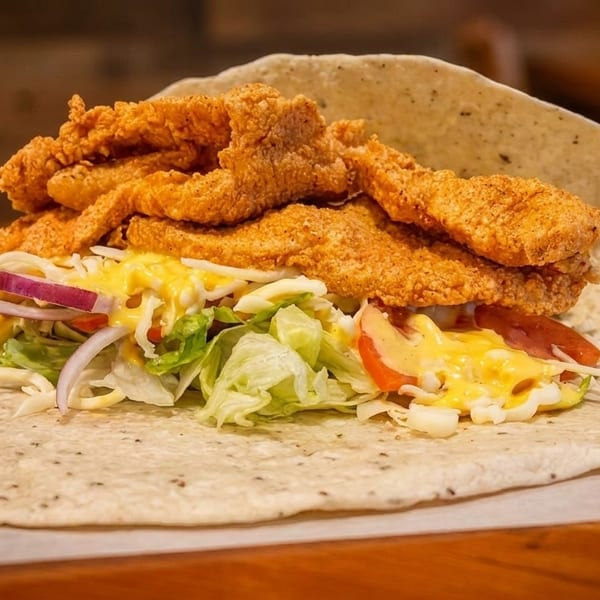 A large wrap filled with crispy fried chicken tenders, lettuce, tomatoes, red onions, and cheese sauce.