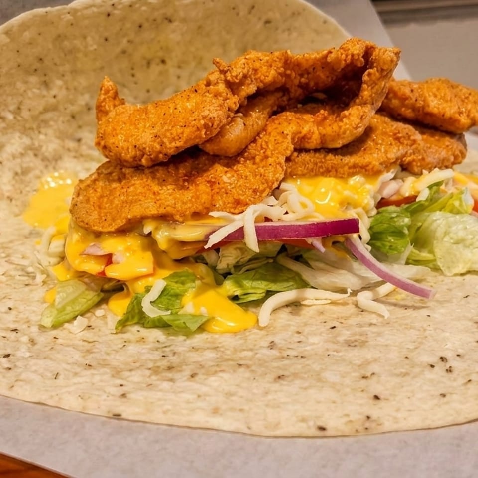 Crispy fried chicken tenders, lettuce, cheese, and red onion on a tortilla wrap.