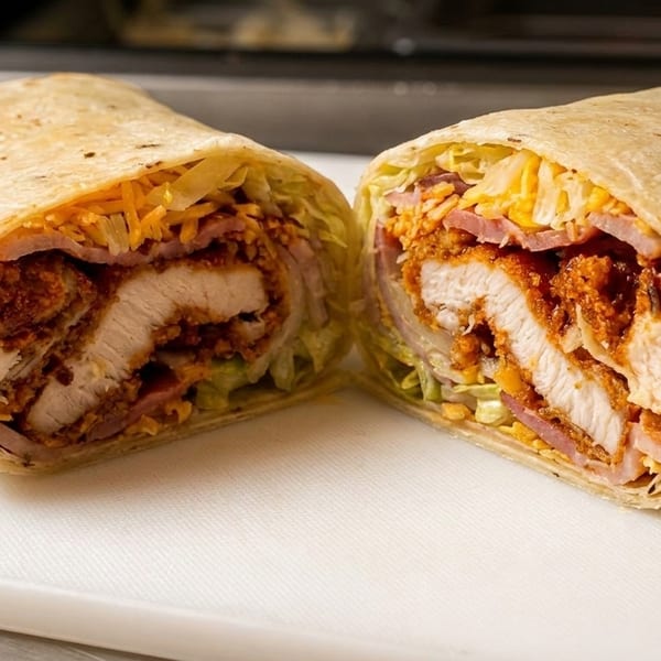 Two halves of a chicken wrap, revealing crispy chicken, ham, cheese, and lettuce inside a tortilla.