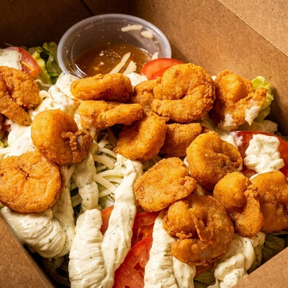 Crispy fried shrimp salad with lettuce, tomatoes, shredded cheese, and creamy dressing in a takeout box.