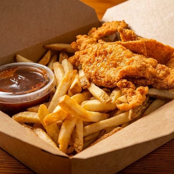 Crispy fried chicken tenders and golden french fries in a brown takeout box with a side of dipping sauce.